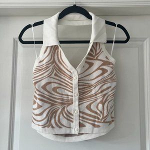 NWT Garage sweater halter top with collar. Swirly brown pattern. Large.